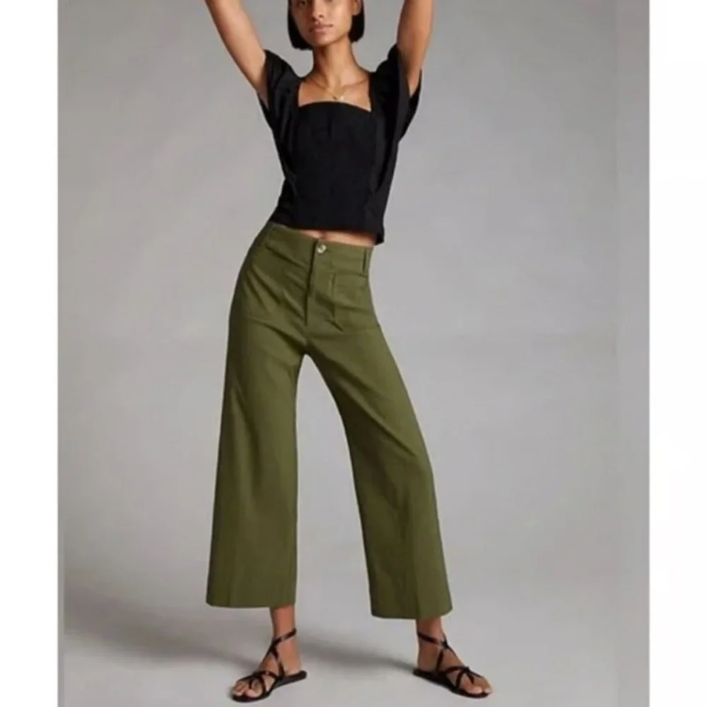Maeve The Colette Wide Leg Cropped Olive Green Stretch Pants-30/М - Picture 8 of 16